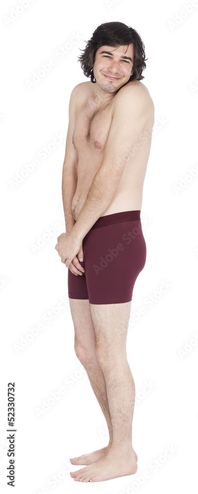 Fototapeta premium Isolated Timid Underwear Guy - Side View