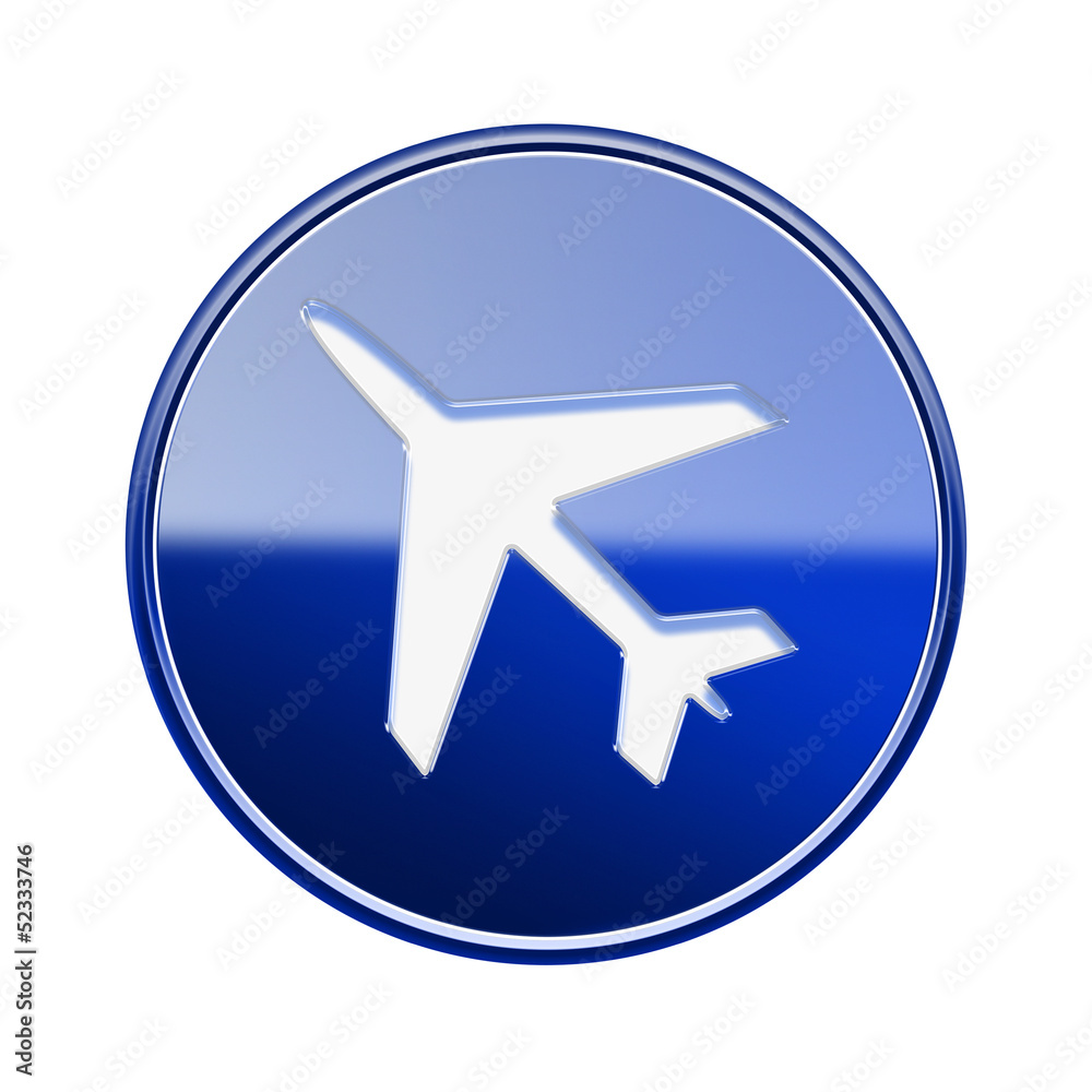 Airplane icon glossy blue, isolated on white background