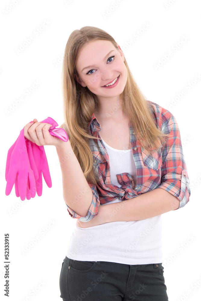 attractive housewife in pink rubber gloves over white background attractive housewife in pink rubber gloves over white background
