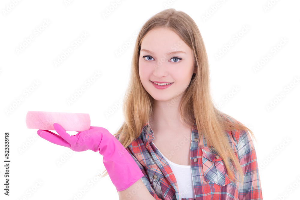 attractive housewife in pink rubber gloves with sponge over whit attractive housewife in pink rubber gloves with sponge over whit