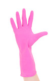 female hand in pink rubber glove isolated on white