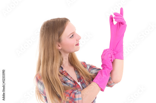 young attractive woman in pink rubber gloves