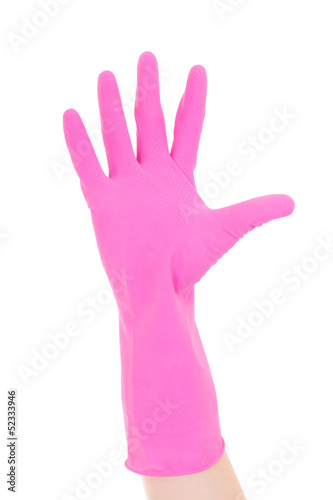 female hand in pink rubber glove isolated on white