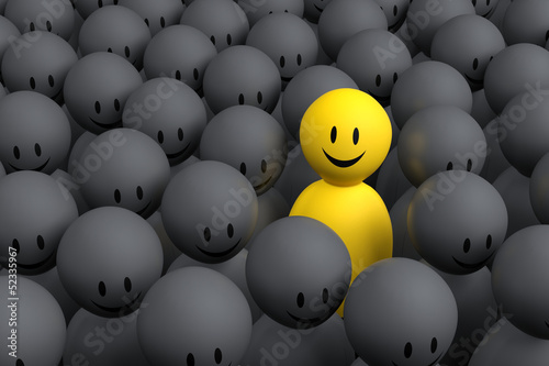 3d yellow man comes out from a gray crowd