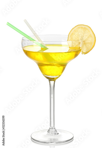 Yellow cocktail in glass isolated on white