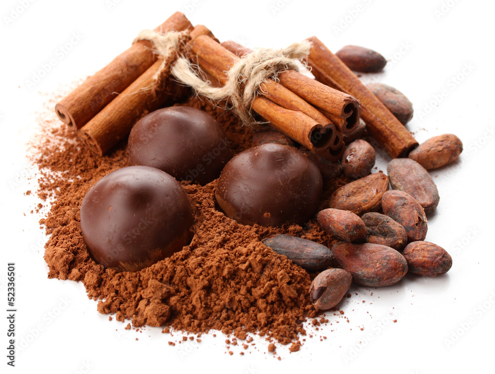 Composition of chocolate sweets, cocoa and spices, isolated Composition of chocolate sweets, cocoa and spices, isolated