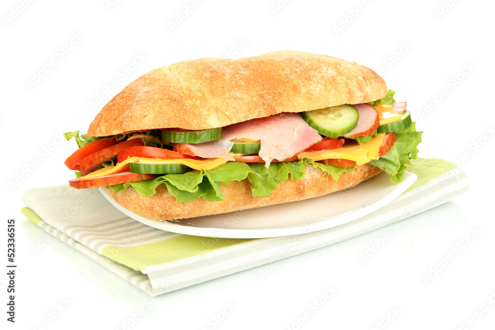 Fresh and tasty sandwich with ham and vegetables isolated Fresh and tasty sandwich with ham and vegetables isolated
