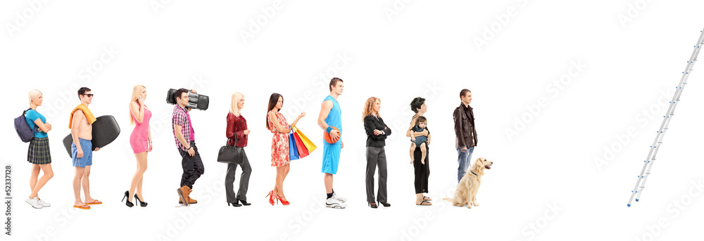 Full length portraits of people in a queue waiting to climb a la