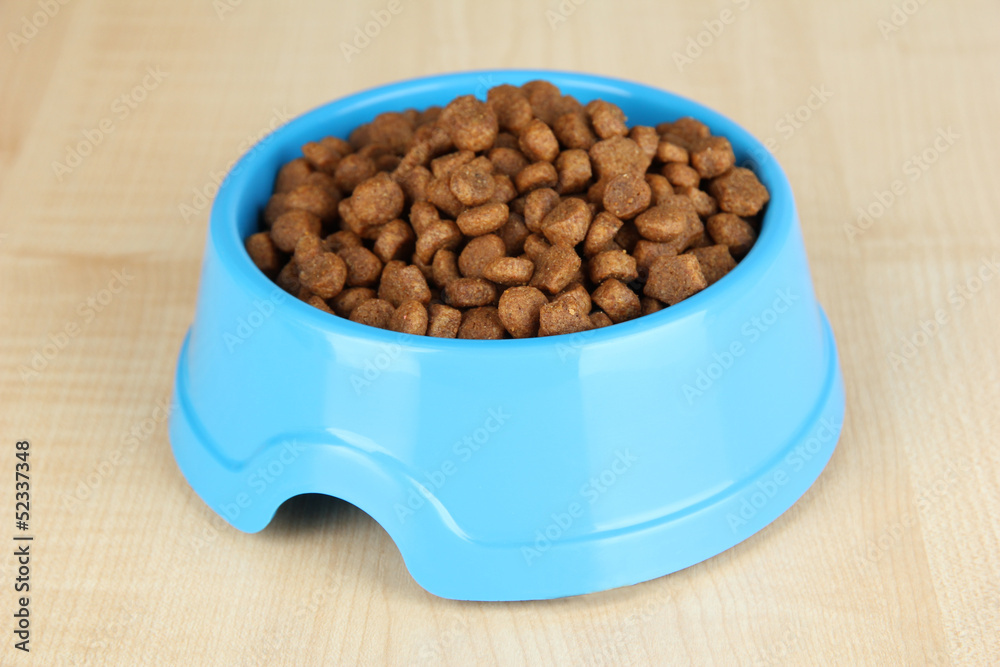 Dry dog food in bowl on wooden background Dry dog food in bowl on wooden background