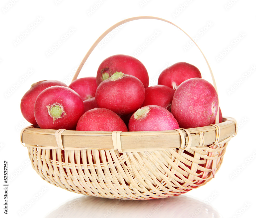 Small garden radish in wicker basket isolated on white Small garden radish in wicker basket isolated on white