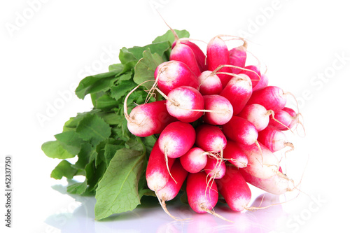 Small garden radish with leaves isolated on white