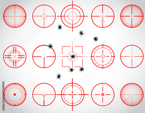 Set of fifteen red cross hairs, with bullet holes, vector photo