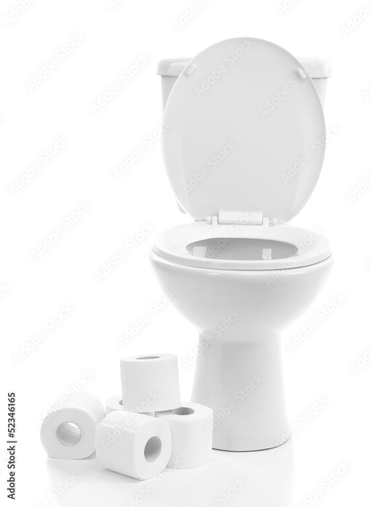 White toilet bowl with toilet paper, isolated on white White toilet bowl with toilet paper, isolated on white