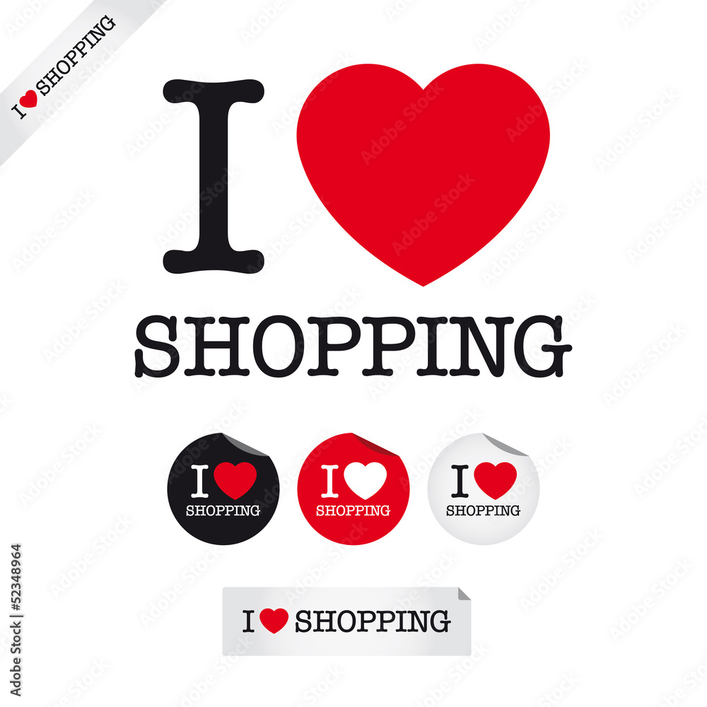 i love shopping, font type with signs, stickers and tags