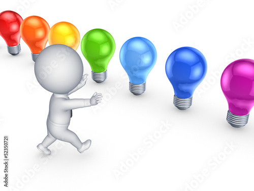 3d small person running to colorful lamps.