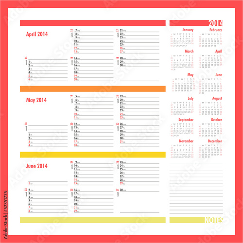 Vector planner for 2014 -Three month calendar
