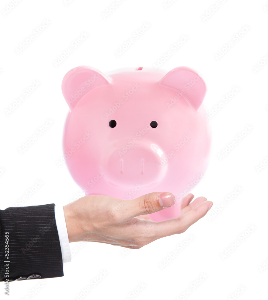 Male hand holding piggy bank