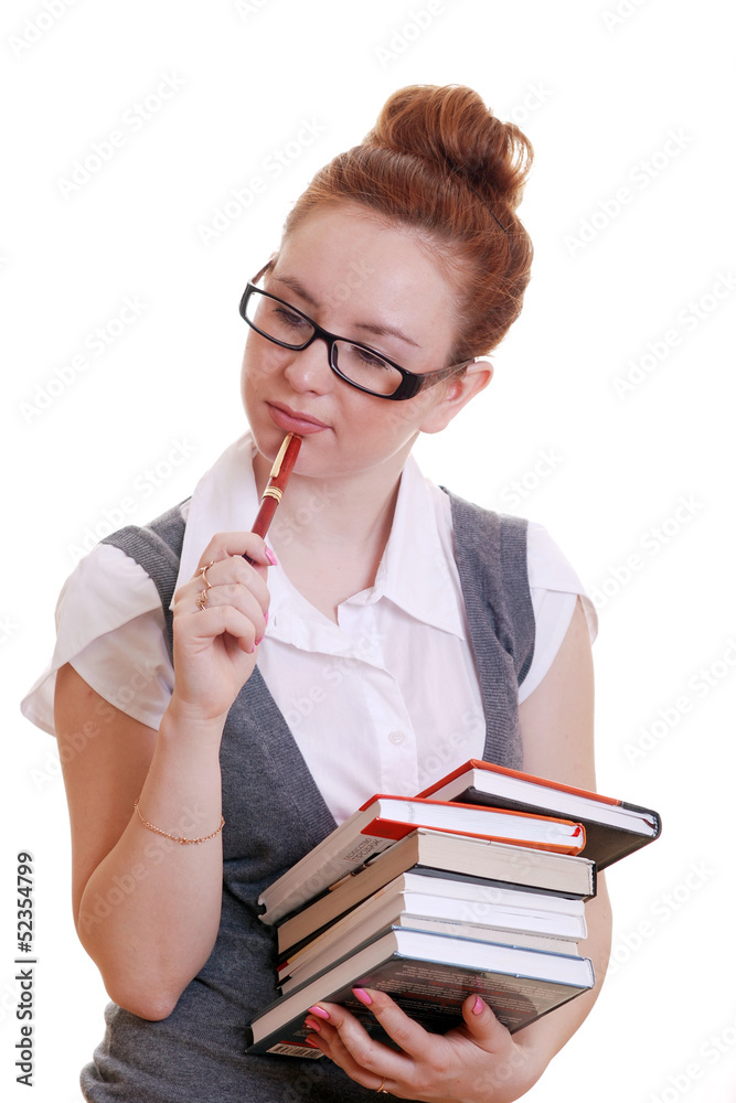 girl student in glasses with books in their hands girl student in glasses with books in their hands