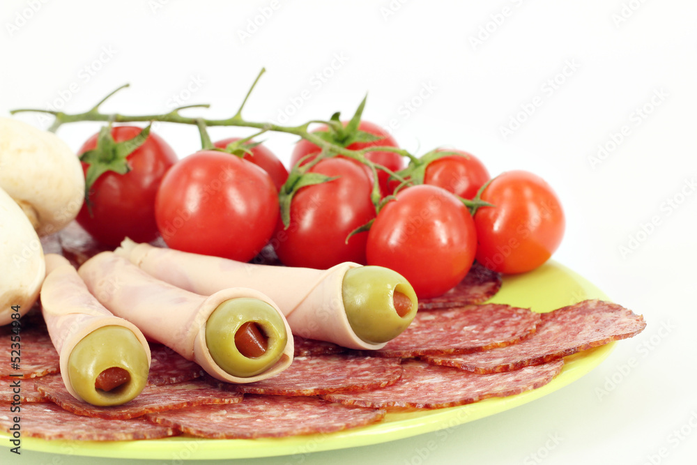 salami olives and tomatoes buffet food