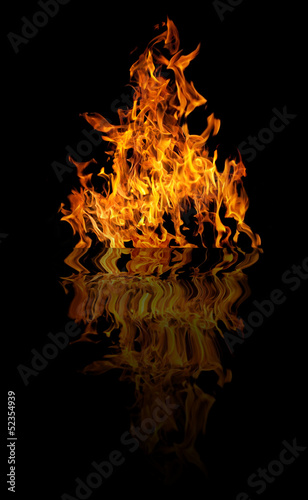 bright yellow fire with reflection on black