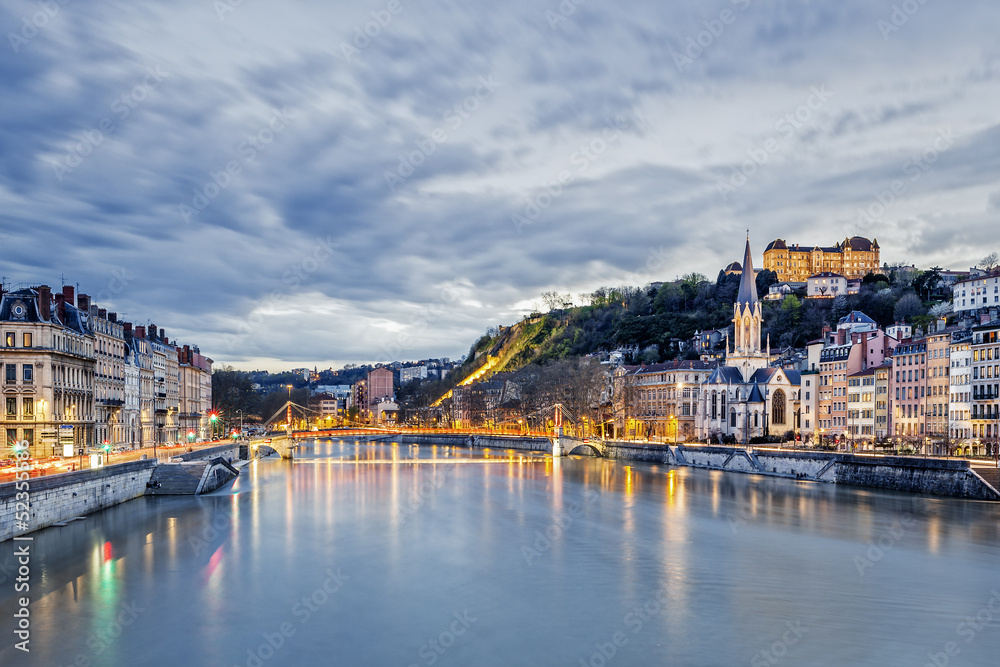 Saone river in Lyon city at evening