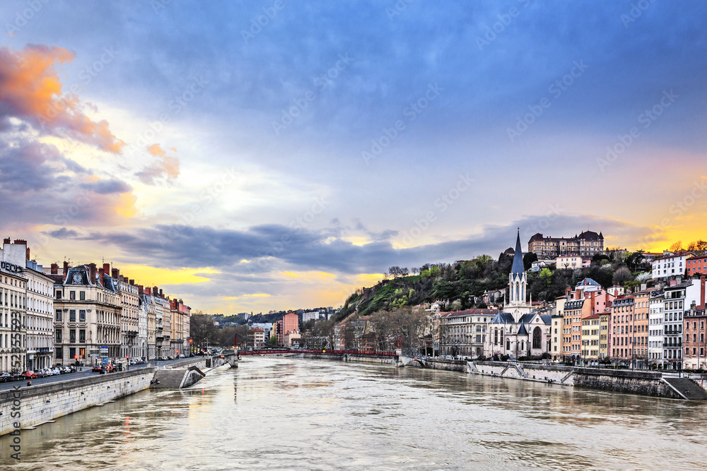 Saone river in Lyon city at sunset