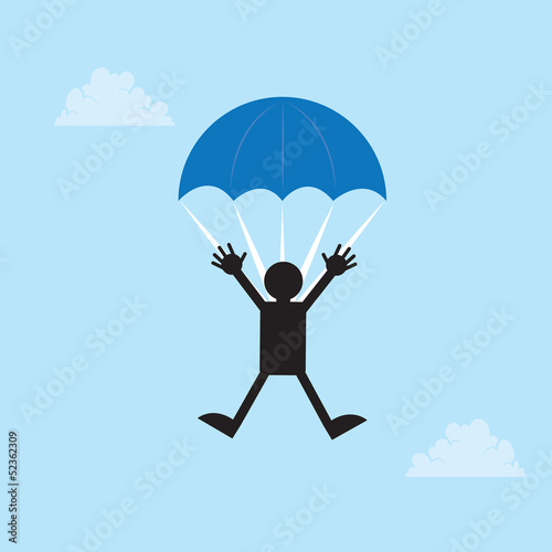 Figure falling from the sky with a parachute