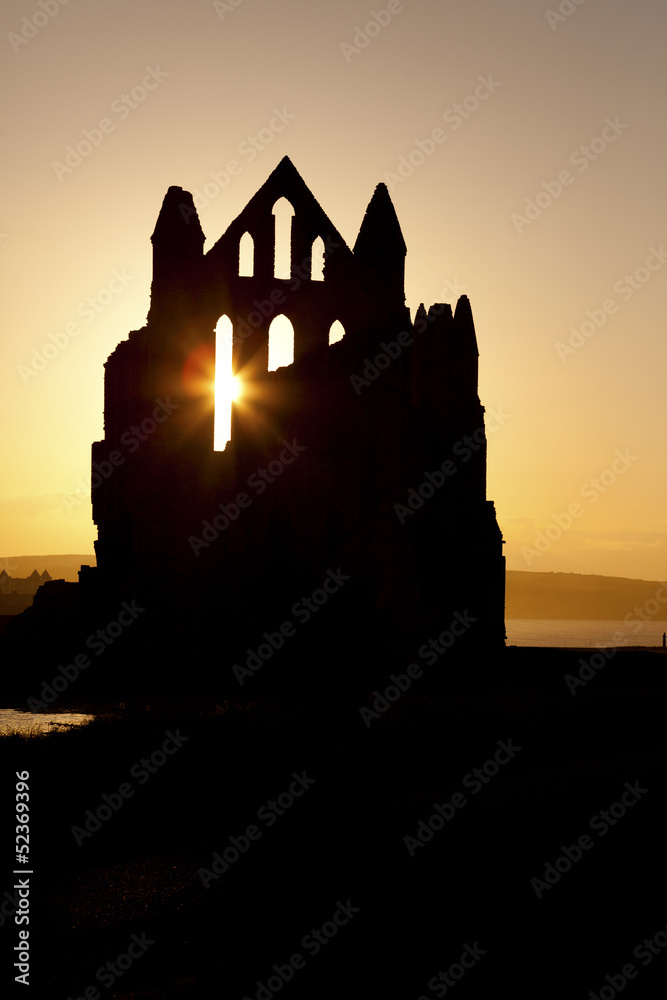 Sunset shilouette of Whitby Abbey in North Yorkshire.