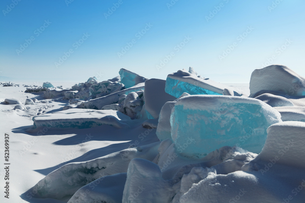 Ice hummocks around the shore of lake Baikal. Siberia, Russia