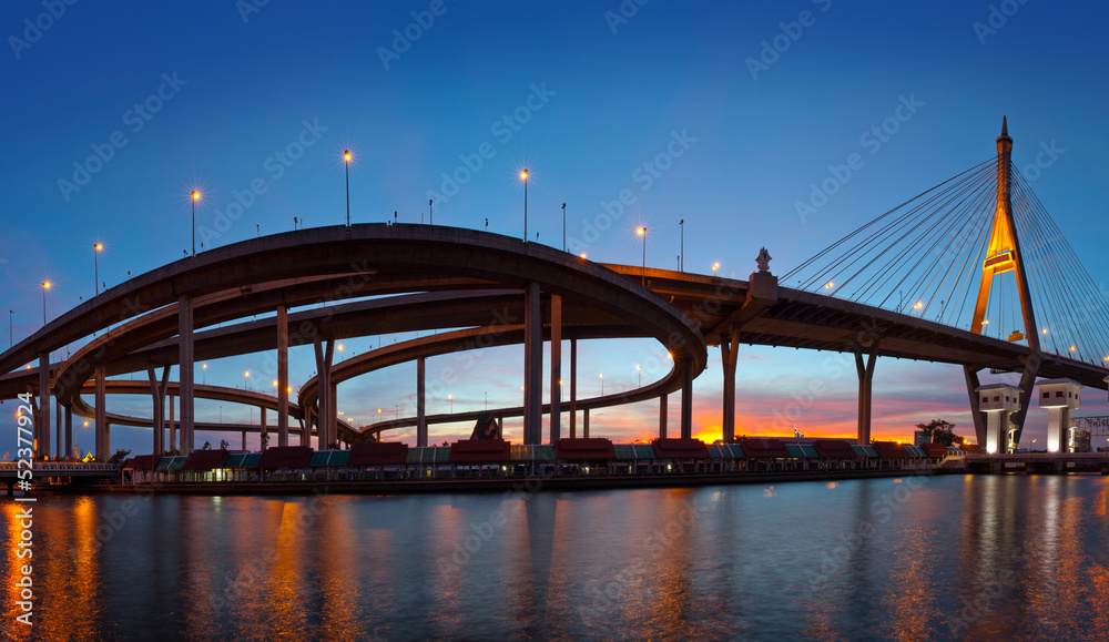 Traffic in modern city at night,Bhumibol Bridge,Bangkok,Thailand