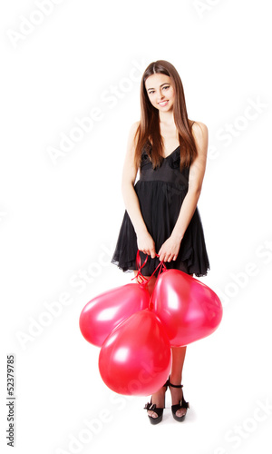 beautiful girl with red balloon in form heart