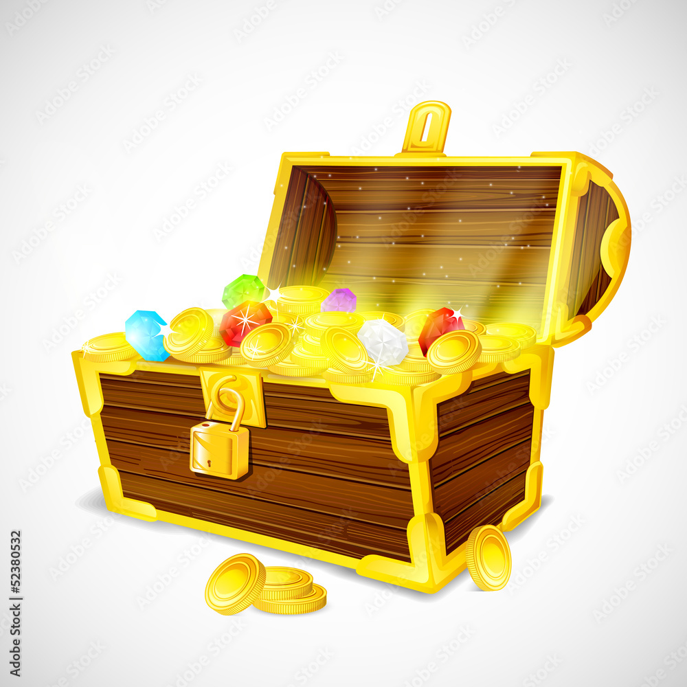 vector illustration of treasure chest of gold coins and gems Stock ...