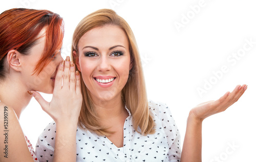 фотографія Two happy young girl friends talking or whispering