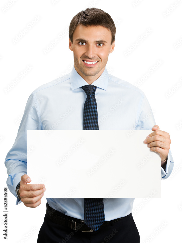 Businessman showing signboard, on white Businessman showing signboard, on white
