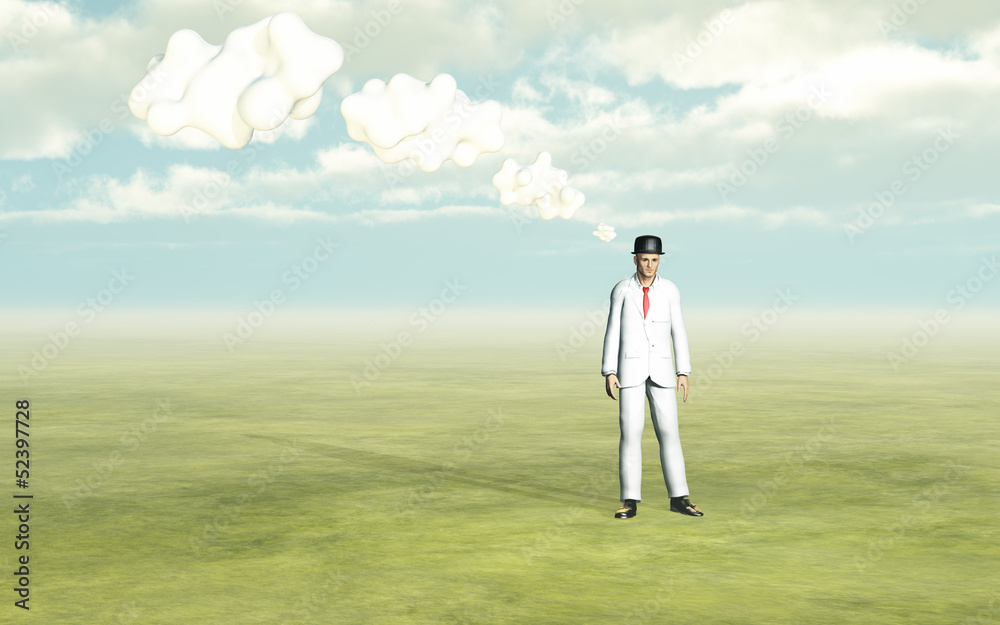 Man with 3D white thought clouds Man with 3D white thought clouds
