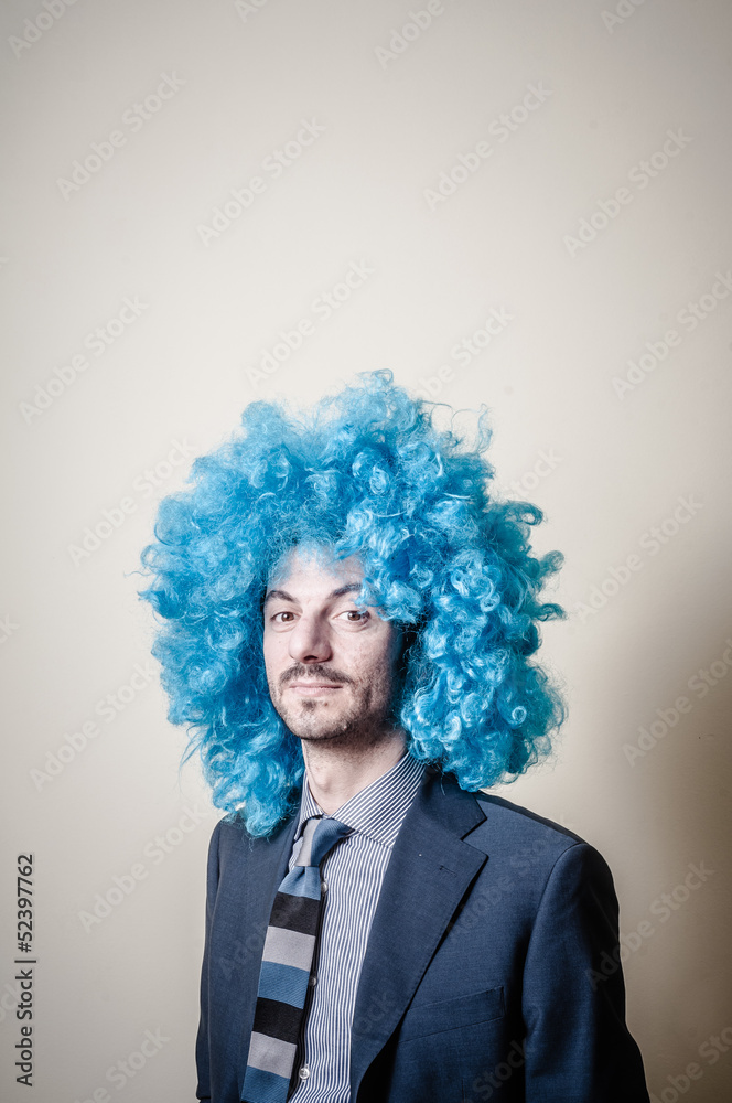 funny businessman with blue wig