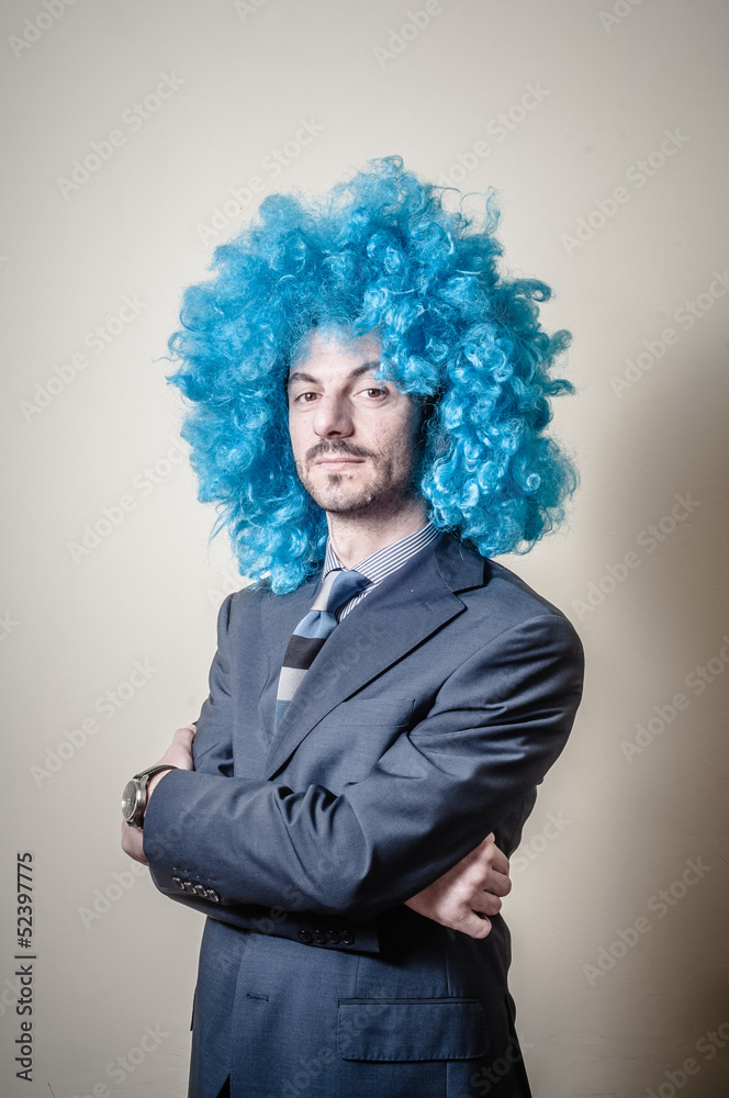 funny businessman with blue wig