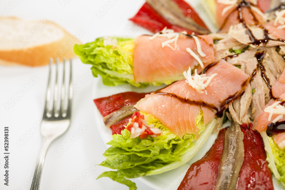 smoked salmon, anchovies, pepper and tuna spanish salad smoked salmon, anchovies, pepper and tuna spanish salad