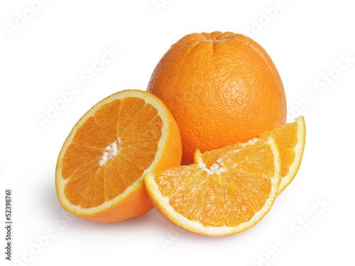 ripe round oranges with half and slices