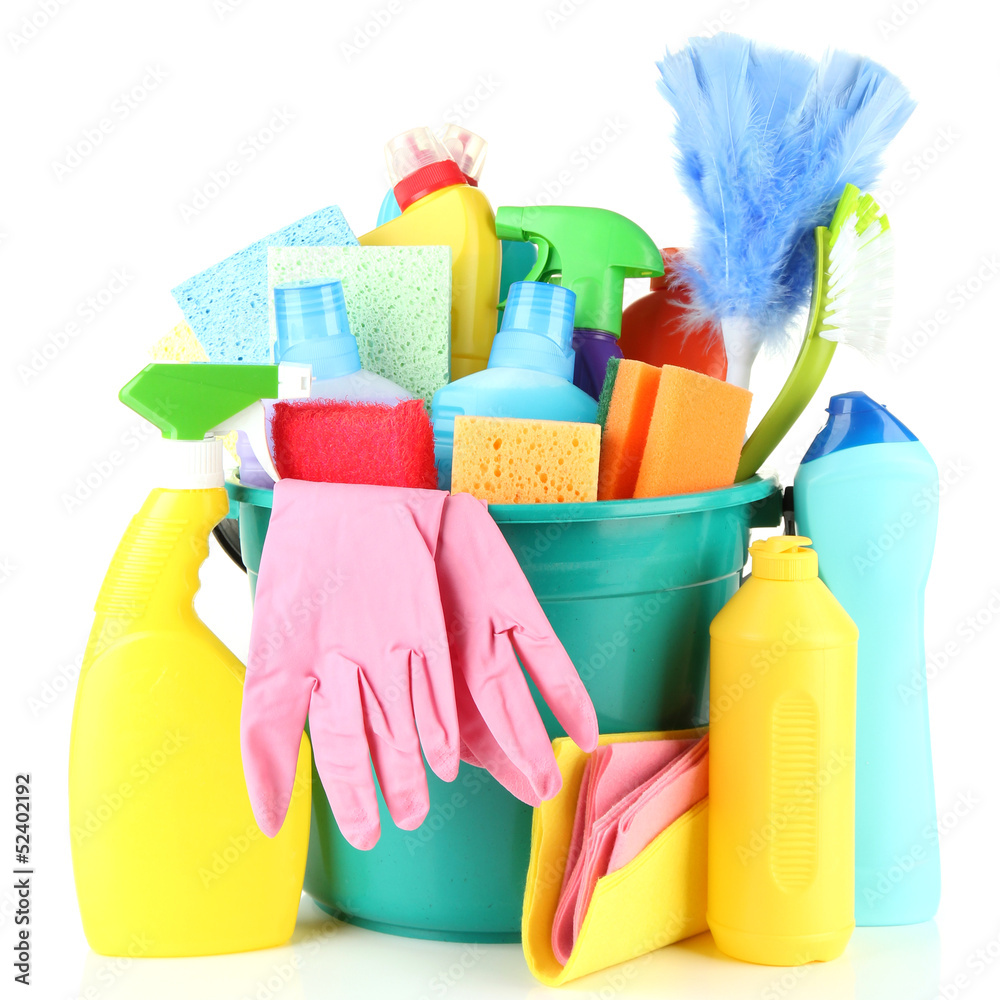 Cleaning items in bucket isolated on white Cleaning items in bucket isolated on white