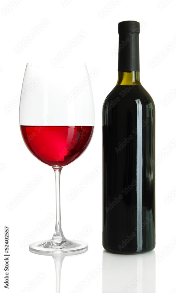 Bottle and glass of wine isolated on white Bottle and glass of wine isolated on white