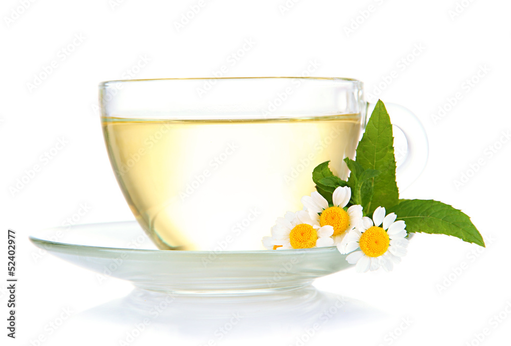 Cup of herbal tea with wild camomiles and mint, isolated Cup of herbal tea with wild camomiles and mint, isolated