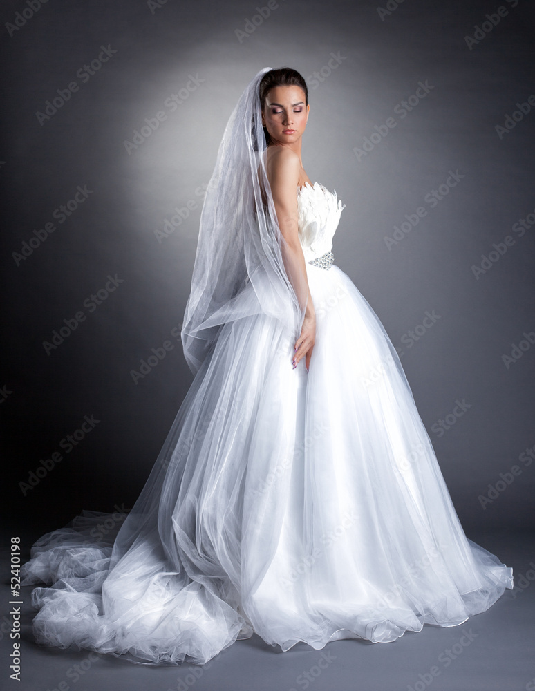 Beautiful model posing in lush wedding dress