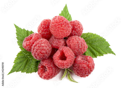 Ripe raspberry with green leaf on white background