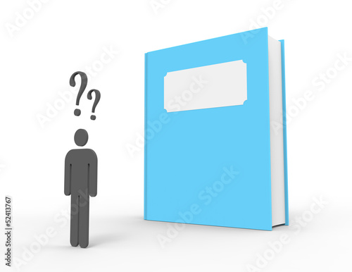 A person standing in front of a big blue book feeling confused