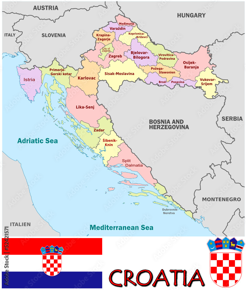 Obraz premium Croatia emblem map symbol administrative divisions