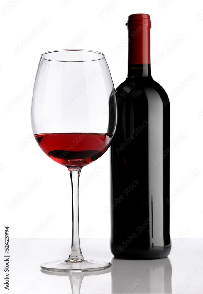 glass with red wine bottle on white background glass with red wine bottle on white background