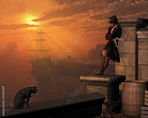 Foto Pirate Captain Waiting on the Docks at Sunset