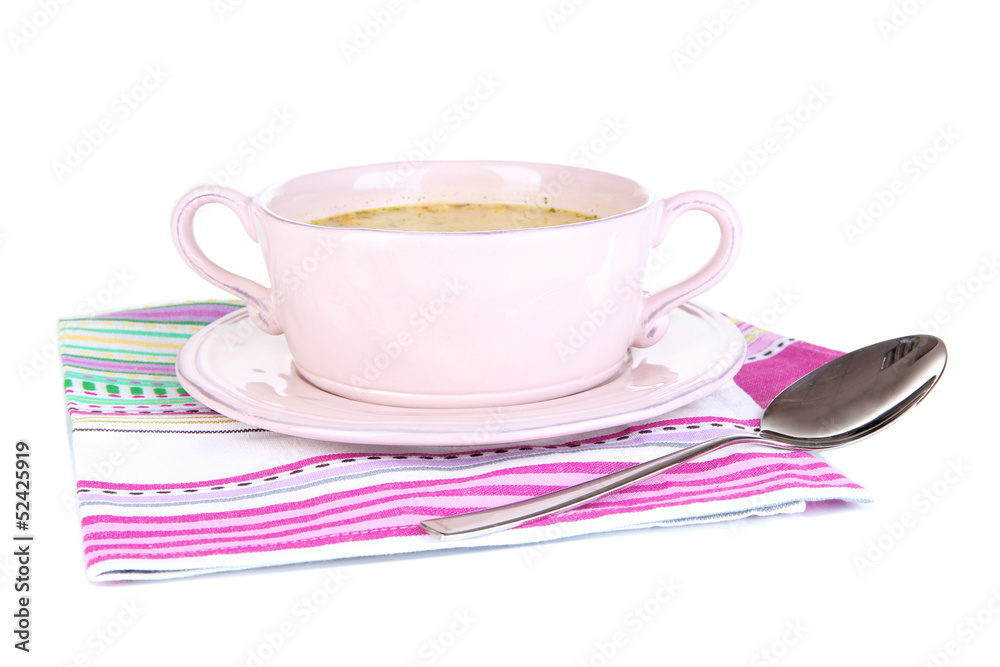 Fototapeta premium Nourishing soup with vegetables in pan isolated on white