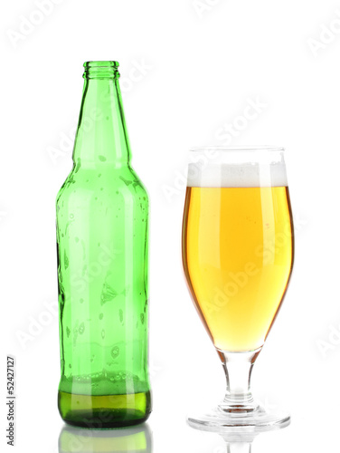 Glass of beer with bottle isolated on white